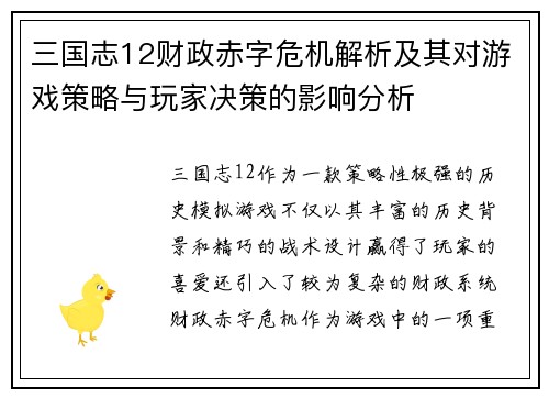 三国志12财政赤字危机解析及其对游戏策略与玩家决策的影响分析